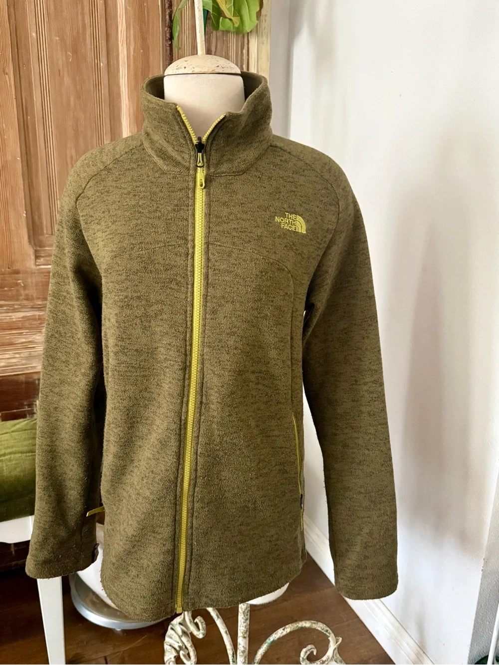 The North Face Olive Green Zip-Up Fleece with Yellow Trim